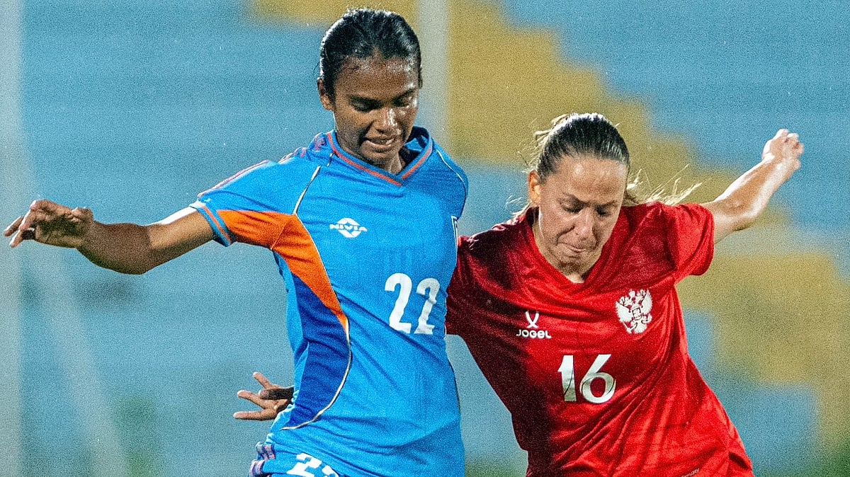 India and Russian players in action in FIFA Friendly at Kolkata.  - IndianFootball/X