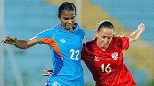 IndianFootball/X : India and Russian players in action in FIFA Friendly at Kolkata.