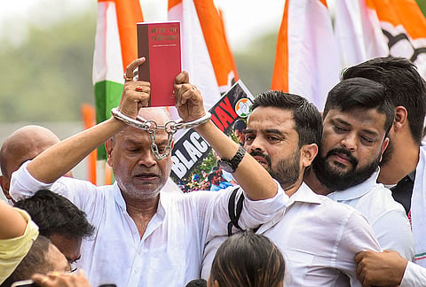 Bihar Congress president Rajesh Ram and party workers stage a protest against alleged irregularities in the Special Intensive Revision (SIR) of electoral rolls, in Patna, Thursday, Oct. 8, 2026. 
