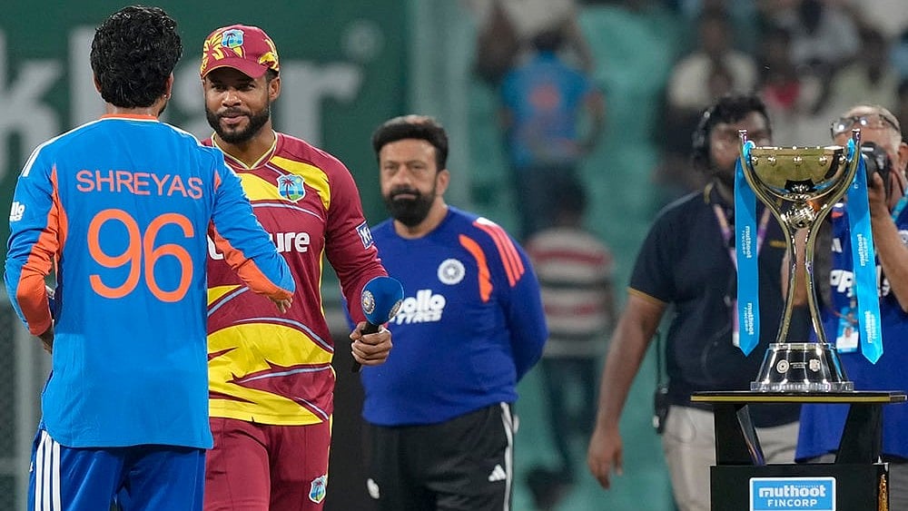 | Photo: PTI/Shahbaz Khan : India’s captain Shreyas Iyer, left, and West Indies captain Shai Hope at toss before the first T20I cricket match of a series between India and West Indies, in Lucknow, Uttar Pradesh, Tuesday, Oct. 6, 2026. 
