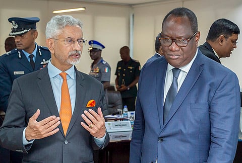 External Affairs Minister S. Jaishankar speaks with Vice Prime Minister and Defence Minister of Côte d’Ivoire Téné Birahima Ouattara during a bilateral meeting, in Abidjan, Côte d’Ivoire. 