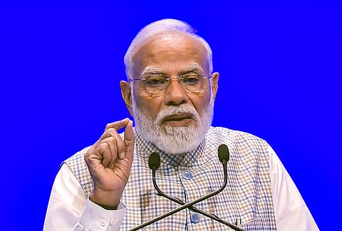 Prime Minister Narendra Modi addresses the gathering during the inauguration of the 10th edition of the India Mobile Congress (IMC) 2026, themed 'Scale Without Boundaries', in New Delhi, Thursday, Oct. 8, 2026. 