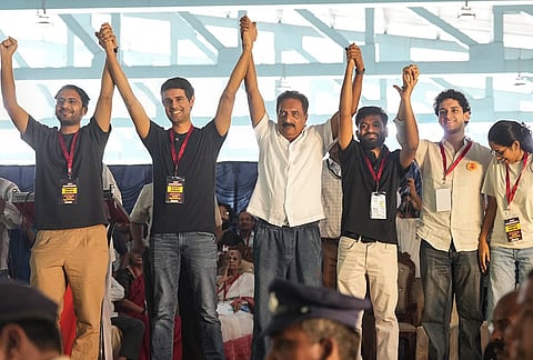 Cockroach Janta Party (CJP) founder Abhijeet Dipke, YouTuber Dhruv Rathee, actor-activist Prakash Raj, and others hold hands during a protest against CEC Gyanesh Kumar over the Special Intensive Revision (SIR) of electoral rolls, in Bengaluru, Thursday, Oct. 8, 2026. 
