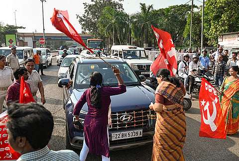 Opposition party workers stage a protest against Chief Election Commissioner (CEC) Gyanesh Kumar, in Bhubaneswar, Thursday, Oct. 8, 2026. 
