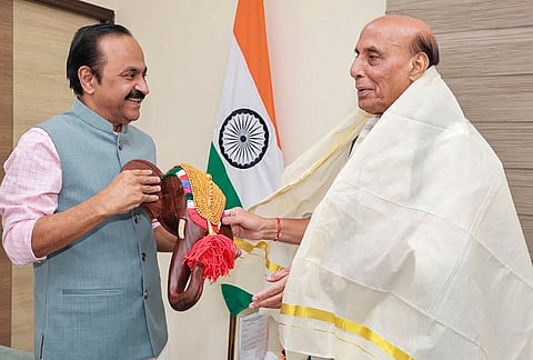 Defence Minister  Rajnath Singh during a meeting with Keralam CM VD Satheesan, in New Delhi.