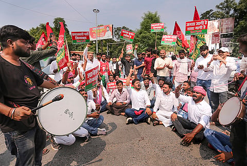 Samajwadi Party workers stage a protest against Chief Election Commissioner Gyanesh Kumar, in Prayagraj, Thursday, Oct. 08, 2026. 
