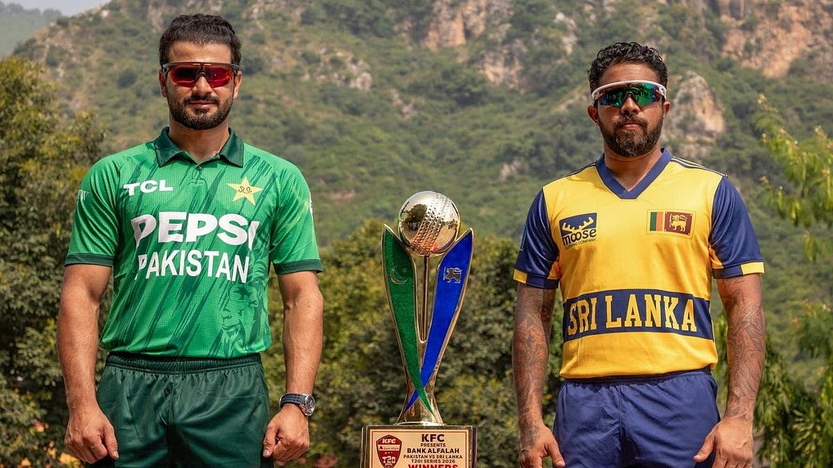 Pakistan captain Sahibzada Farhan and Sri Lanka captain Kusal Mendis post with the trophy ahead of the T20I series.  - OfficialSLC/X