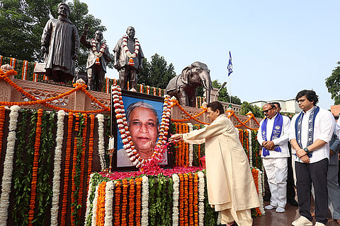 Bahujan Samaj Party (BSP) National President Mayawati pays tribute to party founder Kanshi Ram on his death anniversary, in Lucknow. BSP National Coordinator Akash Anand and other party leaders are also seen.