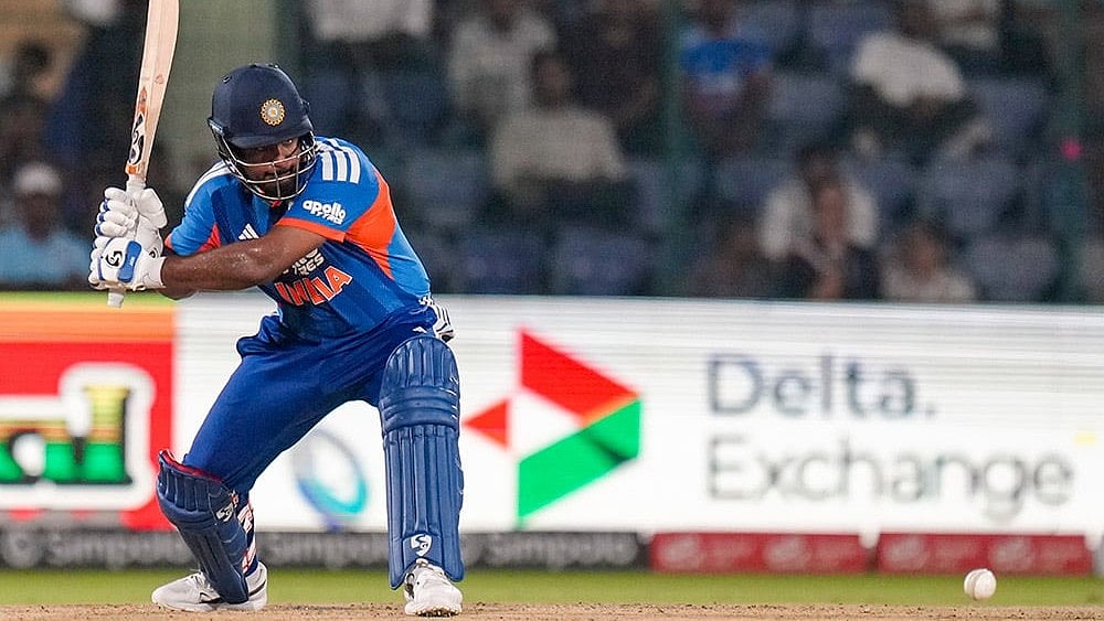 India's Sanju Samson plays a shot during the second T20I cricket match between India and Afghanistan, in New Delhi. - Photo: PTI/Shahbaz Khan