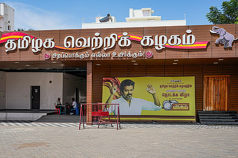A view of the Tamilaga Vettri Kazhagam (TVK) party headquarters building during the vote counting for the Maduranthagam and Dharapuram Assembly bypolls, in Chennai.