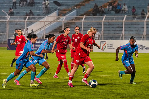 Russia's Iana Svistunova, 17, moves ahead with the ball during a FIFA international friendly women's football match between India and Russia, at the Kishore Bharati Krirangan, in Kolkata, West Bengal, Thursday, Oct. 8, 2026.