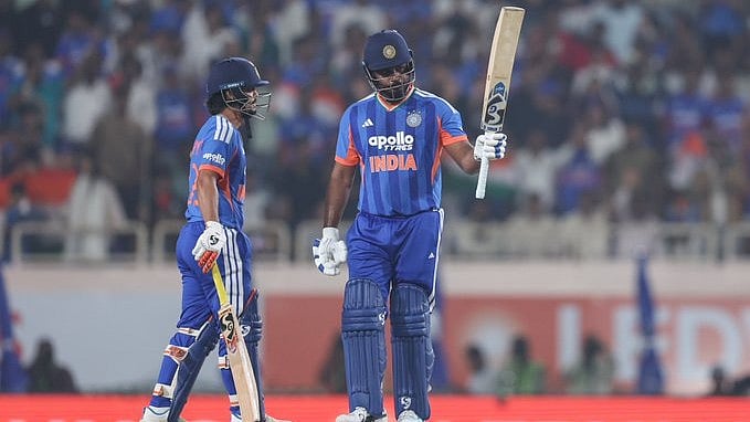 Sanju Samson celebrating after smashing a 21-ball fifty during India vs West Indies 2nd T20I in Ranchi - X/BCCI