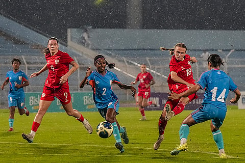 Russia's Polina Iukliaeva, 18, shoots the ball during a FIFA international friendly women's football match between India and Russia, at the Kishore Bharati Krirangan, in Kolkata, West Bengal, Thursday, Oct. 8, 2026.