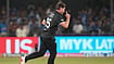 Photo: AP/Rafiq Maqbool : New Zealand's Zak Foulkes celebrates the wicket of India's Rohit Sharma during the third One Day International cricket match between India and New Zealand in Indore, India.