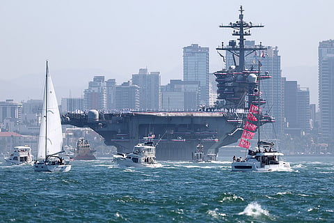 The USS Abraham Lincoln aircraft carrier returns to the San Diego Bay after deployment Thursday, Oct. 8, 2026, in San Diego.