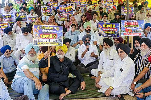 Members of the All J&K Sikh Sangat during a protest demanding the inclusion of Punjabi as an official language of Jammu and Kashmir, in Jammu.