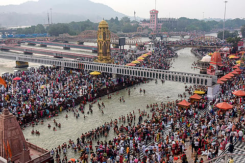 Haridwar: People take a holy dip in the Ganga river on the occasion of 'Pitru Visarjan Amavasya', at Har Ki Pauri ghat, in Haridwar, Uttarakhand.