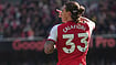 Alastair Grant/AP Photo : Arsenal's Riccardo Calafiori, centre, celebrates after scoring his side's opening goal during the English Premier League soccer match between Arsenal and Leeds United in London.