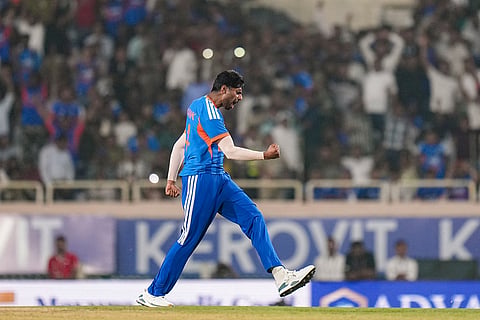 India's Mayank Yadav celebrates after taking the wicket of West Indies' Kamil Pooran during the second T20I cricket match of a series between India and West Indies, in Ranchi, Jharkhand, Friday, Oct. 9, 2026.