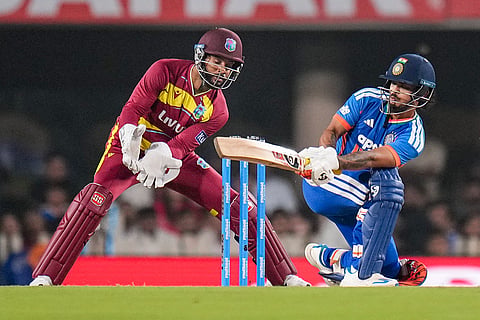 India's Ishan Kishan plays a shot during the second T20I cricket match of a series between India and West Indies, in Ranchi, Jharkhand, Friday, Oct. 9, 2026.