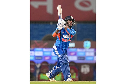 India's Tilak Varma plays a shot during the second T20I cricket match of a series between India and West Indies, in Ranchi, Jharkhand, Friday, Oct. 9, 2026. 