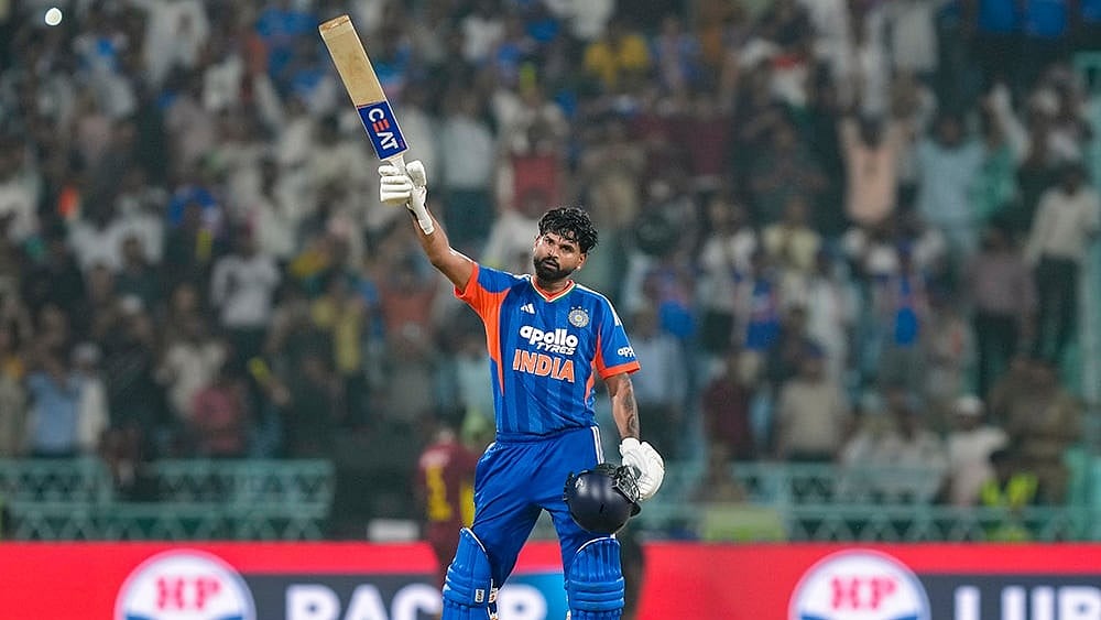 India's captain Shreyas Iyer celebrates his century during the first T20I cricket match of a series between India and West Indies, in Lucknow, Uttar Pradesh, Tuesday, Oct. 6, 2026.  - | Photo: PTI/Shahbaz Khan