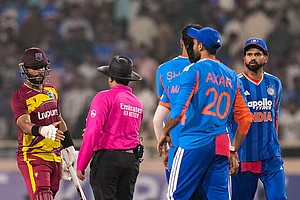 | Photo: PTI/Salman Ali : West Indies' captain Shai Hope shakes hands with the umpire after winning the second T20I cricket match of a series between India and West Indies, in Ranchi, Jharkhand, Friday, Oct. 9, 2026.