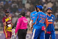 Hope 102*, Rutherford 84 Help West Indies Pull Off Their Highest T20I Chase | Photo: PTI/Salman Ali : West Indies' captain Shai Hope shakes hands with the umpire after winning the second T20I cricket match of a series between India and West Indies, in Ranchi, Jharkhand, Friday, Oct. 9, 2026.