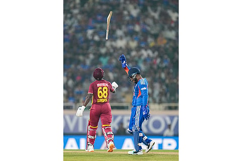 West Indies' Sherfane Rutherford returns after dismissal during the second T20I cricket match of a series between India and West Indies, in Ranchi, Jharkhand, Friday, Oct. 9, 2026.