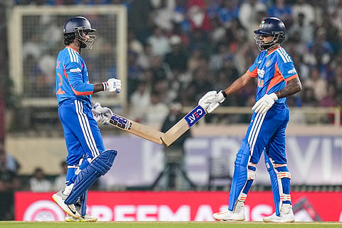 India's captain Shreyas Iyer, right, greets Tilak Varma during the second T20I cricket match of a series between India and West Indies, in Ranchi, Jharkhand, Friday, Oct. 9, 2026.
