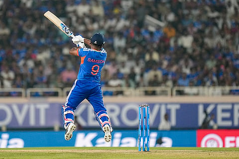 India's Sanju Samson plays a shot during the second T20I cricket match of a series between India and West Indies, in Ranchi, Jharkhand, Friday, Oct. 9, 2026.