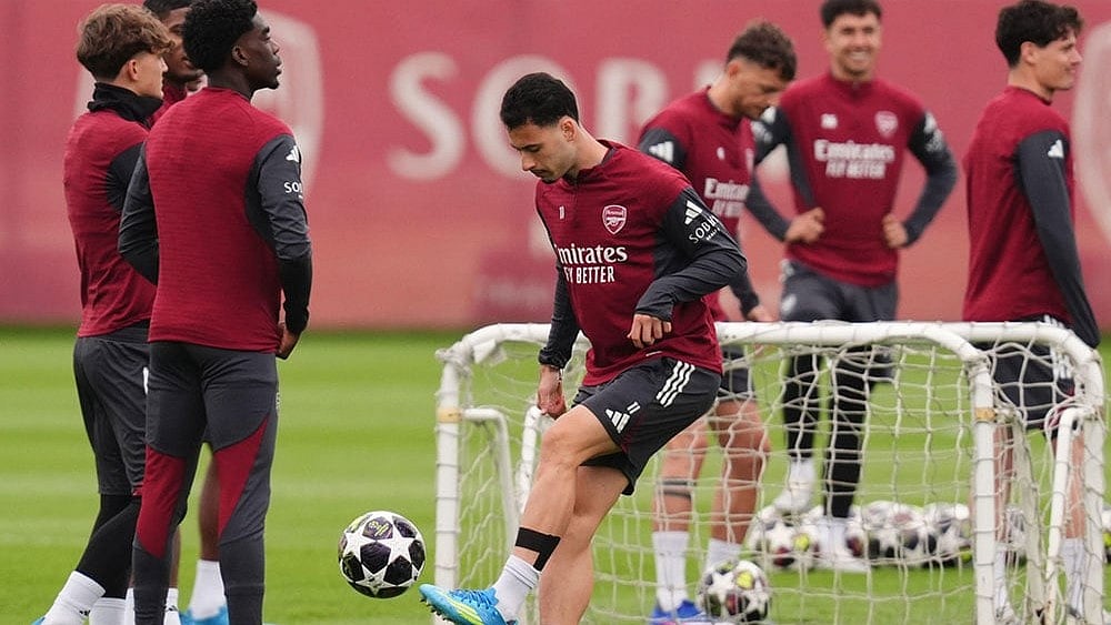 Arsenal's Gabriel Martinelli during a training session in London. - | Photo: John Walton/PA via AP