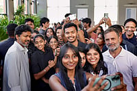 Day In Pics: October 10, 2026 | Photo: AICC via PTI : In this image released on Oct. 10, 2026, Tamil Nadu Chief Minister Vijay and Congress leader and LoP in the lok Sabha Rahul Gandhi clicks selfies with people during a meeting, in Chennai.