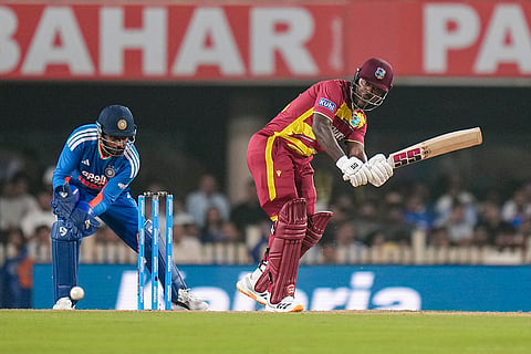 West Indies' Sherfane Rutherford plays a shot during the second T20I cricket match of a series between India and West Indies, in Ranchi, Jharkhand, Friday, Oct. 9, 2026.