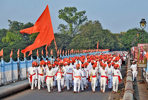 People participate in the annual 'Durgamata Doud' procession organized on the occasion of the 'Sharad Navratri' festival, in Sangli, Maharashtra.