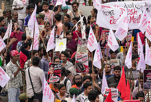 Left student and youth activists during a protest rally demanding the resignation of Chief Election Commissioner (CEC) Gyanesh Kumar and the complete scrapping of the Special Intensive Revision (SIR) exercise, in Kolkata, Sunday, Oct. 11, 2026. 
