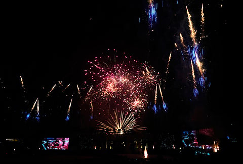 A firework display on the sky during a celebration ahead of Hindu festival Durga Puja at the Eden Garden stadium, in Kolkata, India, Saturday, Oct. 10, 2026. 
