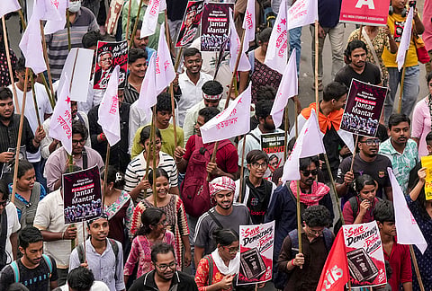 Left student and youth activists during a protest rally demanding the resignation of Chief Election Commissioner (CEC) Gyanesh Kumar and the complete scrapping of the Special Intensive Revision (SIR) exercise, in Kolkata, Sunday, Oct. 11, 2026.

