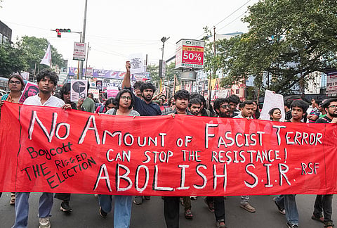 Left student and youth activists during a protest rally demanding the resignation of Chief Election Commissioner (CEC) Gyanesh Kumar and the complete scrapping of the Special Intensive Revision (SIR) exercise, in Kolkata, Sunday, Oct. 11, 2026. 
