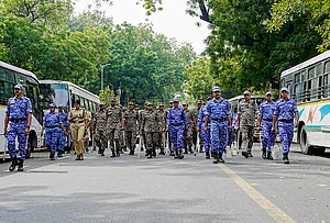 | Photo: PTI/Shahbaz Khan : Security personnel keep vigil following continued demonstration calls by the Cockroach Janta Party (CJP) demanding the resignation of Chief Election Commissioner (CEC) Gyanesh Kumar, in New Delhi, Sunday, Oct. 11, 2026.