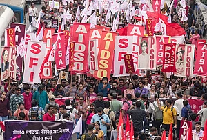 | Photo: PTI/Swapan Mahapatra : Left student and youth activists during a protest rally demanding the resignation of Chief Election Commissioner (CEC) Gyanesh Kumar and the complete scrapping of the Special Intensive Revision (SIR) exercise, in Kolkata, Sunday, Oct. 11, 2026.