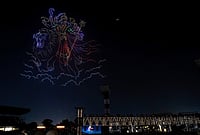| Photo: AP/Bikas Das : A drone show depicts Hindu goddess Durga floating in the sky during a celebration ahead of Hindu festival Durga Puja, in Kolkata, India, Saturday, Oct. 10, 2026. 