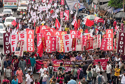 Left student and youth activists during a protest rally demanding the resignation of Chief Election Commissioner (CEC) Gyanesh Kumar and the complete scrapping of the Special Intensive Revision (SIR) exercise, in Kolkata, Sunday, Oct. 11, 2026. 

