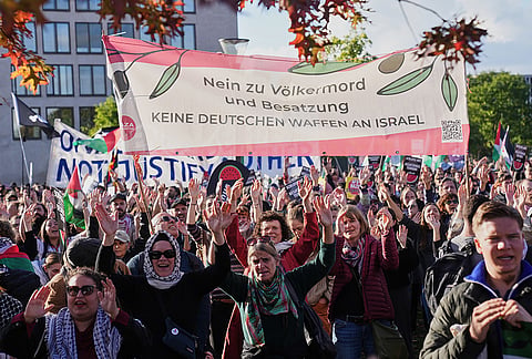 Pro-Palestinian protesters attend a rally in Berlin, Germany, Saturday, Oct. 10, 2026. 