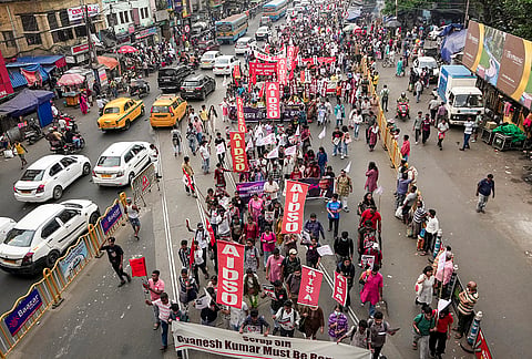 Left student and youth activists during a protest rally demanding the resignation of Chief Election Commissioner (CEC) Gyanesh Kumar and the complete scrapping of the Special Intensive Revision (SIR) exercise, in Kolkata, Sunday, Oct. 11, 2026. 
