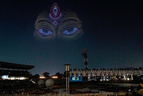 A drone show depicts Hindu goddess Durga floating in the sky during a celebration ahead of Hindu festival Durga Puja, in Kolkata, India, Saturday, Oct. 10, 2026. 
