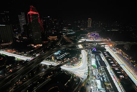 Drives race on the track during the qualifying session ahead of the Singapore Formula One Grand Prix in Singapore, Saturday, Oct. 10, 2026.