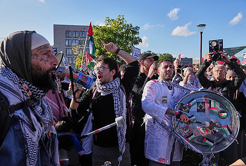 Pro-Palestinian protesters attend a rally in Berlin, Germany, Saturday, Oct. 10, 2026. 

