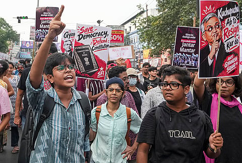 Left student and youth activists during a protest rally demanding the resignation of Chief Election Commissioner (CEC) Gyanesh Kumar and the complete scrapping of the Special Intensive Revision (SIR) exercise, in Kolkata, Sunday, Oct. 11, 2026. 
