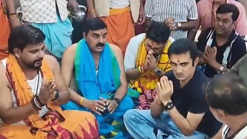 Gautam Gambhir visited the Mahakaleshwar Temple in Ujjain on Sunday ahead of India’s third T20I against West Indies. - PTi/X